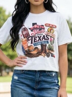 White Graphic Texas Tee with Vintage Travel Collage